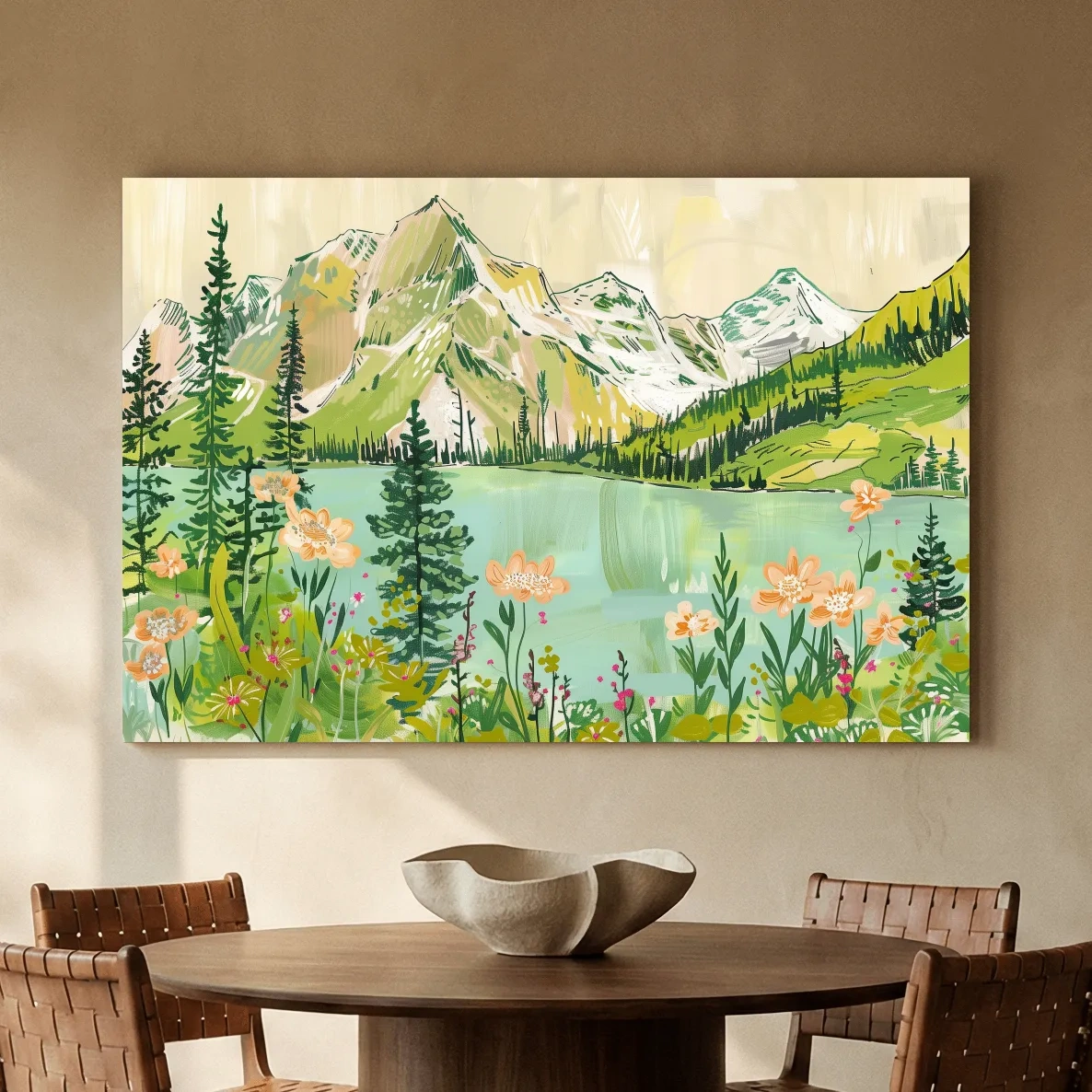 Whimsical Alpine Lake Wildflower Stylized Painting - Mountain Meadows Wall Art