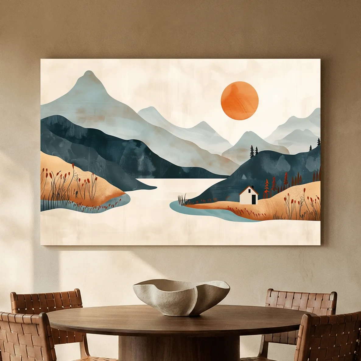 Minimalist Mountain Sunset Lake Cabin Illustration - Modern Scandinavian Wall Art