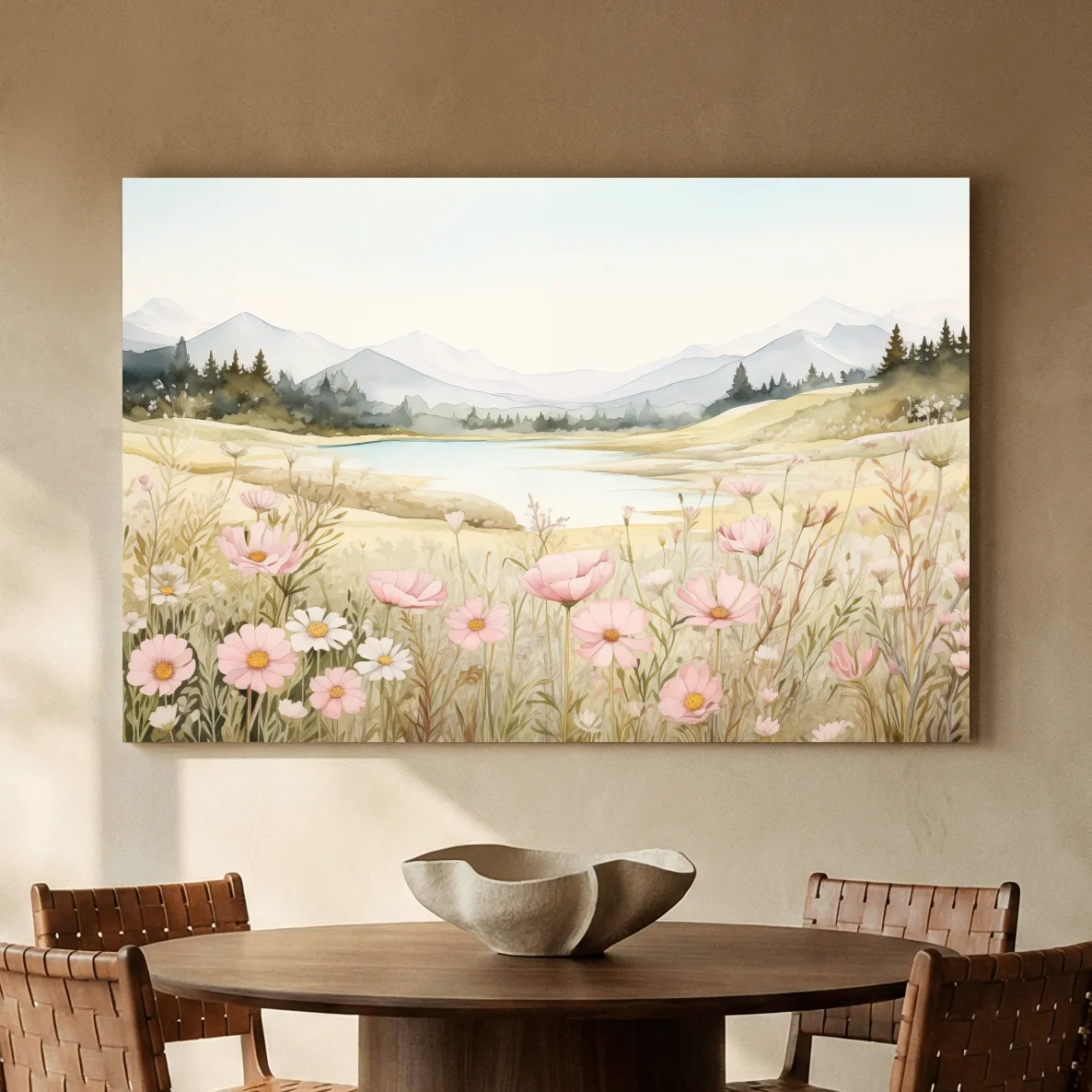 Soft Watercolor Wildflower Meadow Landscape - Serene Pastel Alpine Wall Art