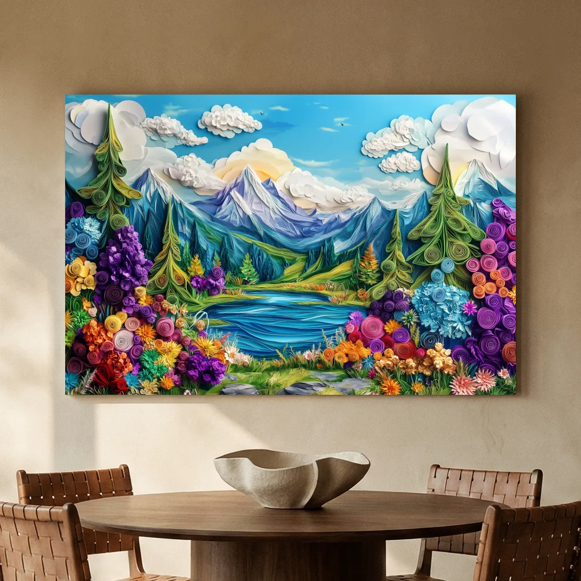 Colorful Paper Quilling Alpine Meadows Landscape Print - 3D Effect Nature Wall Art