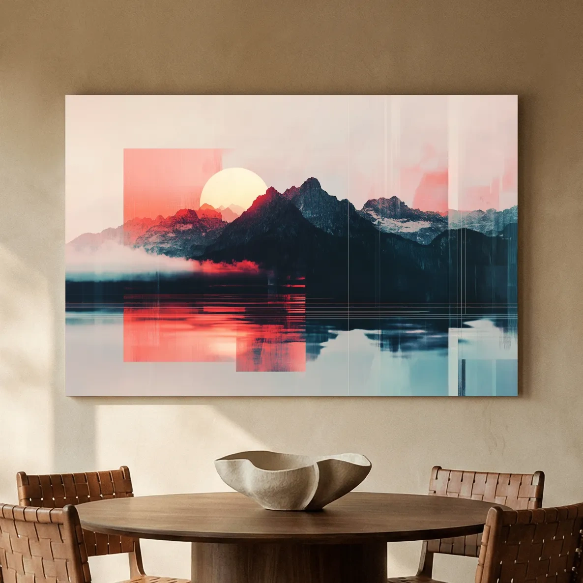 Abstract Alpine Mountain Sunset Reflection - Modern Geometric Glitch Wall Art