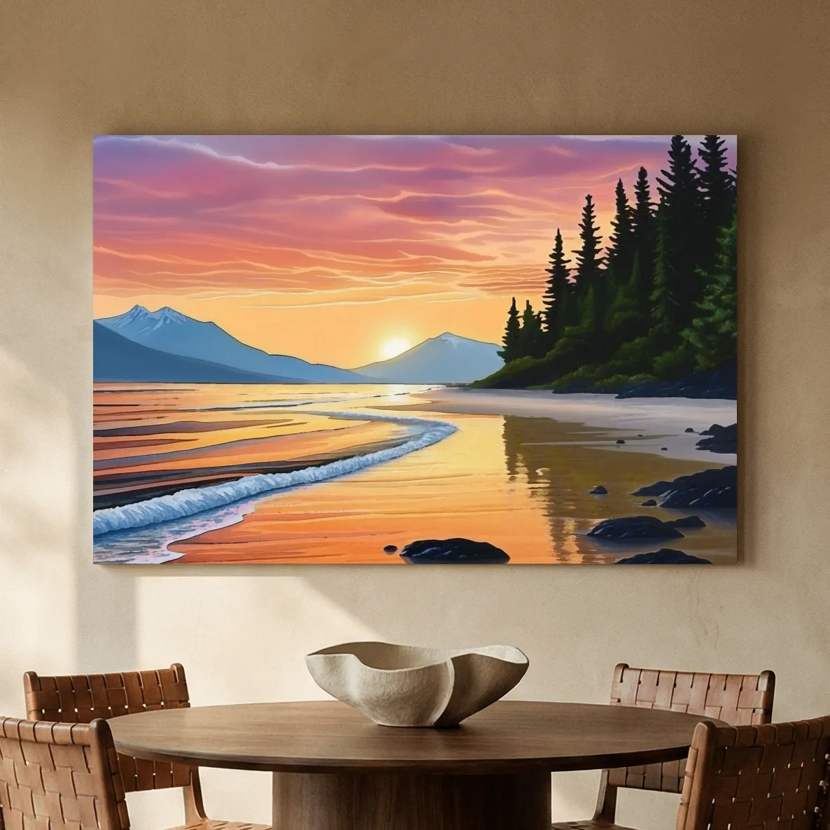 Pacific Northwest Coastal Sunset Beach Painting - Vibrant Pine Wall Art