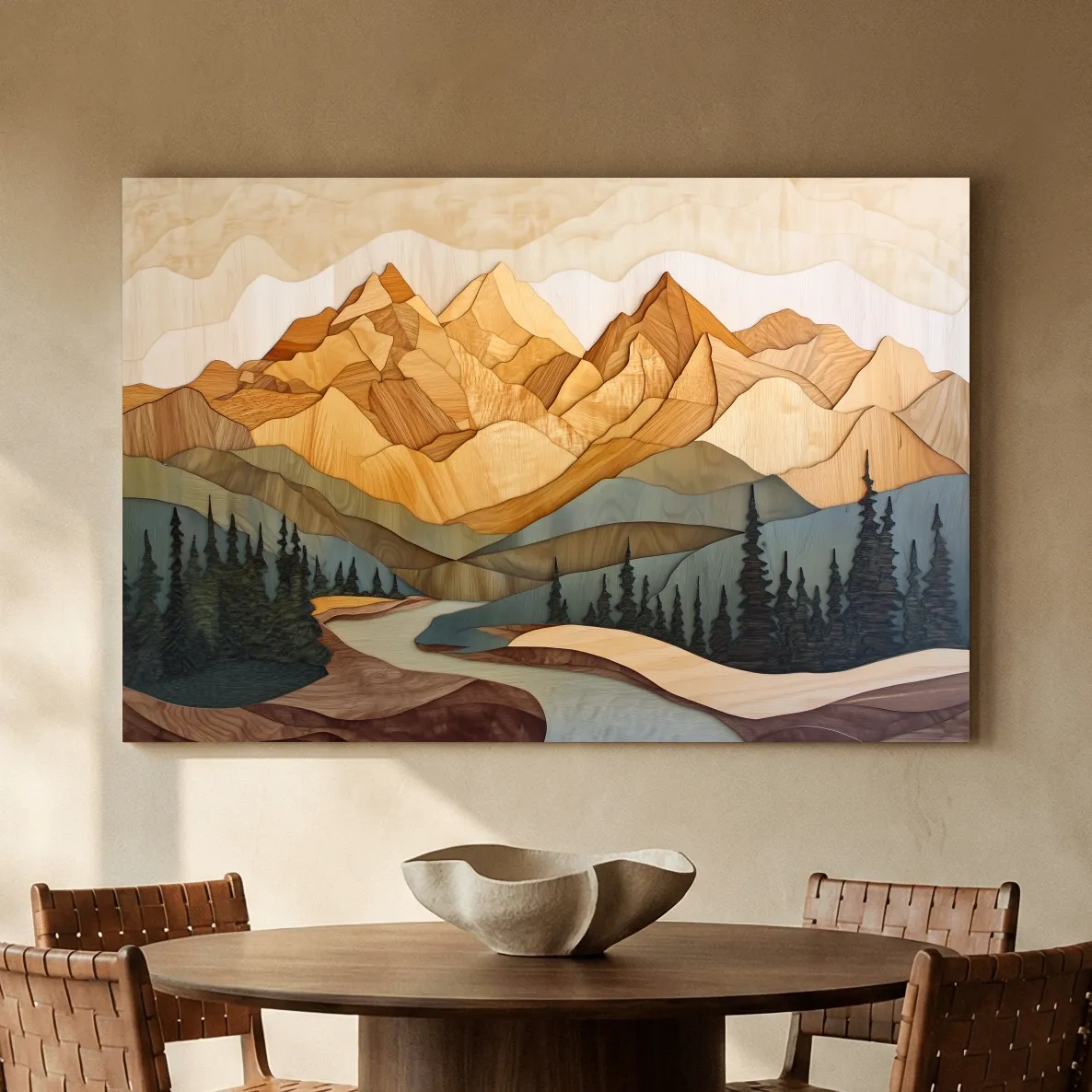 Wood Intarsia Mountain Landscape - Warm Earth Tone Alpine Forest Wall Art