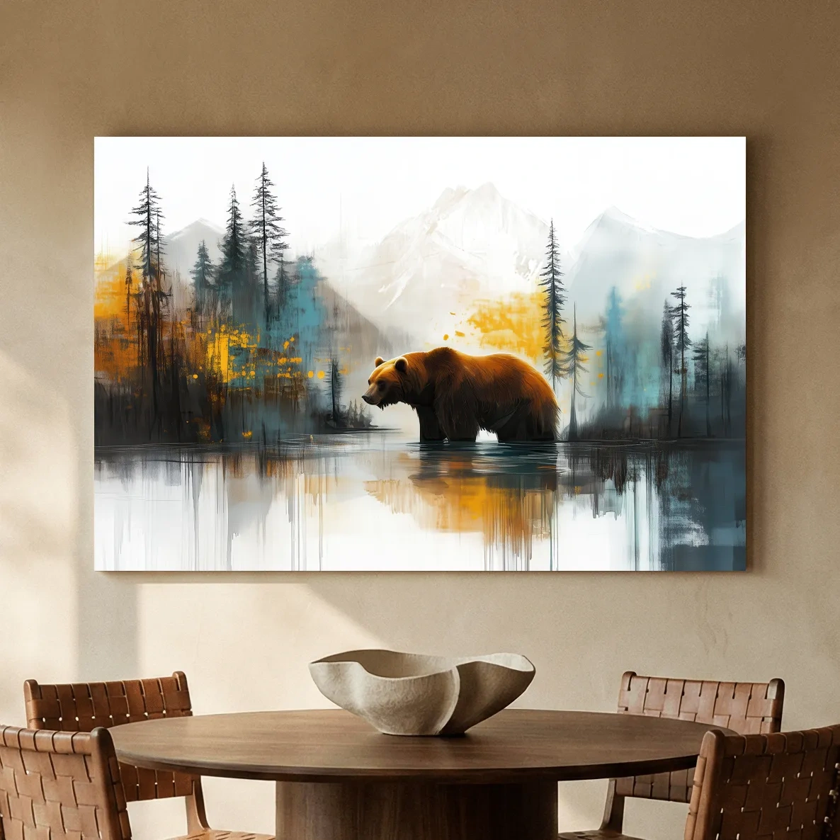 Grizzly Bear Lake Reflection - Misty Mountain Forest Watercolor Style Artwork