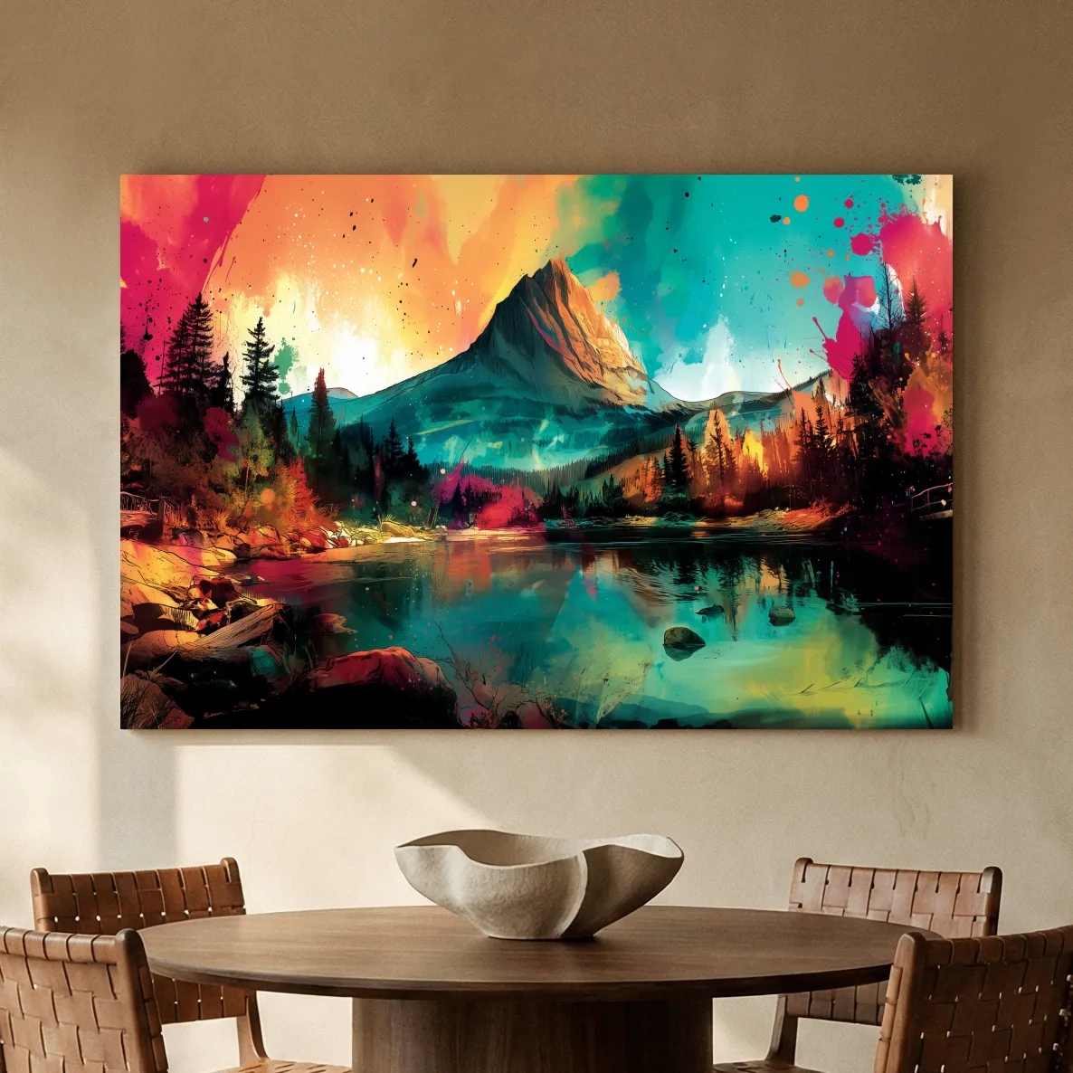 Vibrant Abstract Alpine Mountain Sunrise - Colorful Watercolor Style Artwork