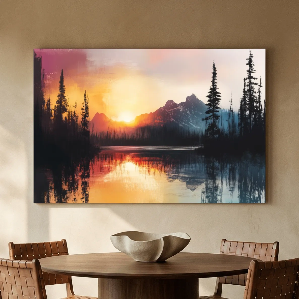 Sunset Mountain Lake Reflection Painting - Dramatic Pine Forest Landscape Wall Art