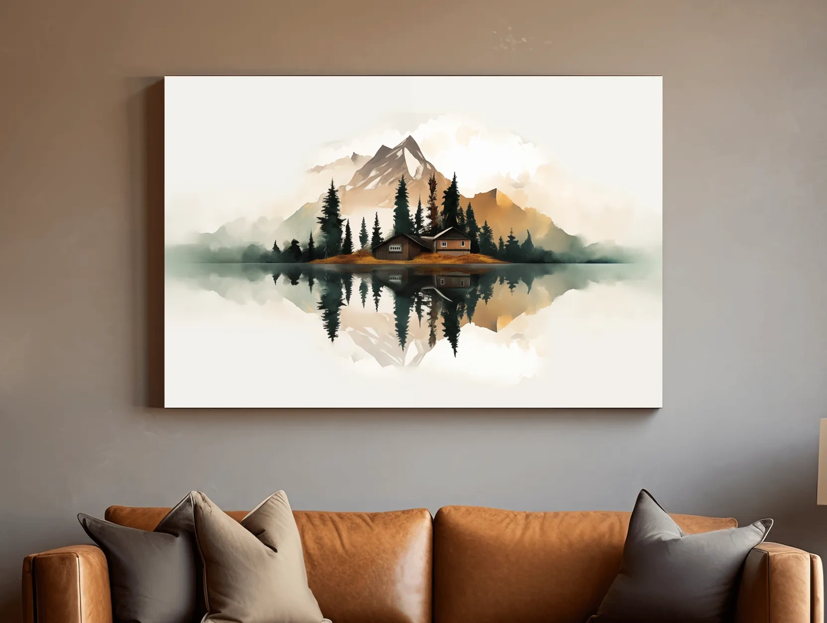Minimalist Mountain Cabin Lake Reflection - Misty Watercolor Landscape Wall Art
