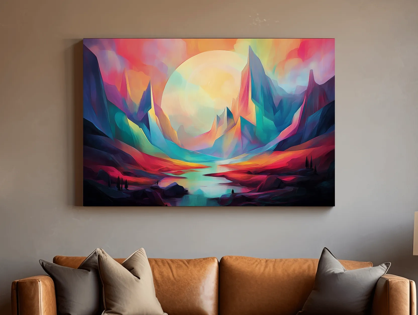 Vibrant Abstract Mountain Valley Sunset - Colorful Surreal Landscape Wall Art
