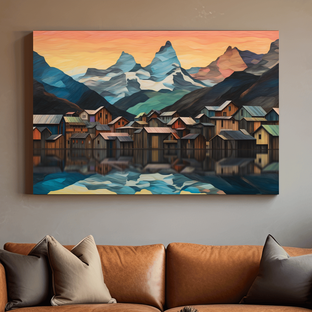 Alpine Mountain Village Reflections - Colorful Paper Cut Style Wall Art