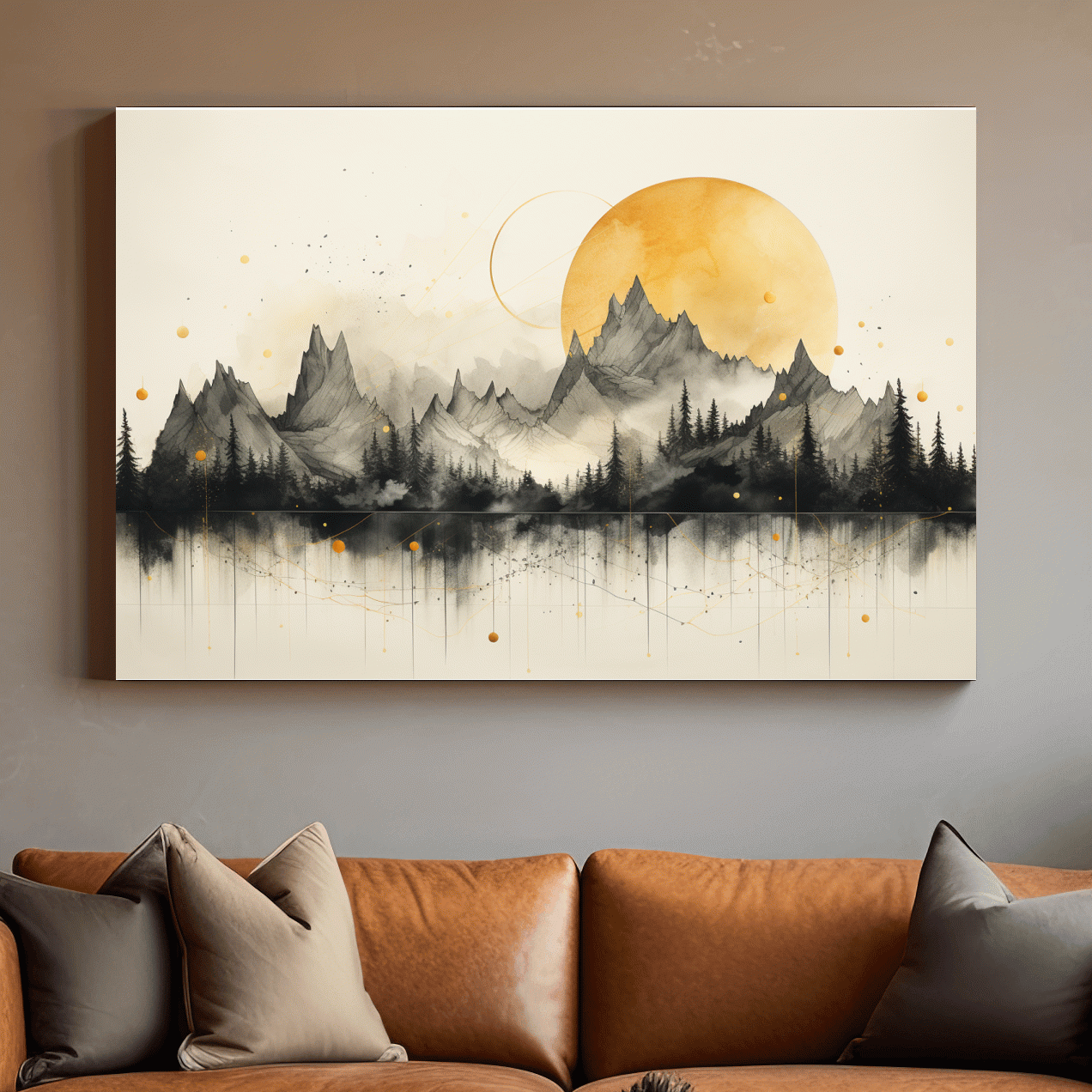Golden Sun Abstract Mountain Range - Minimalist Watercolor Landscape Wall Art