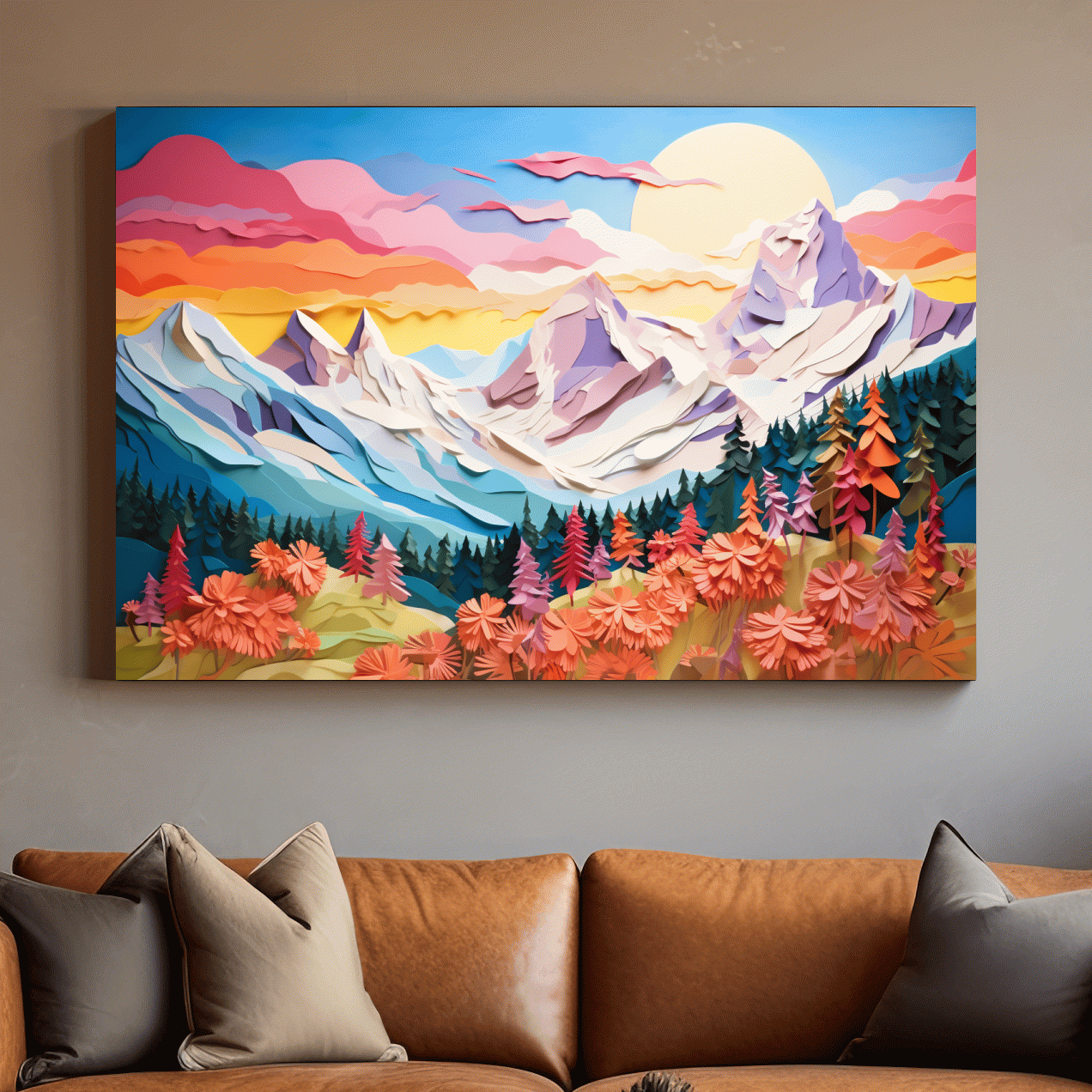 Faux Paper Cut Mountain Sunrise Landscape - Colorful Alpine Meadows Wall Art Print