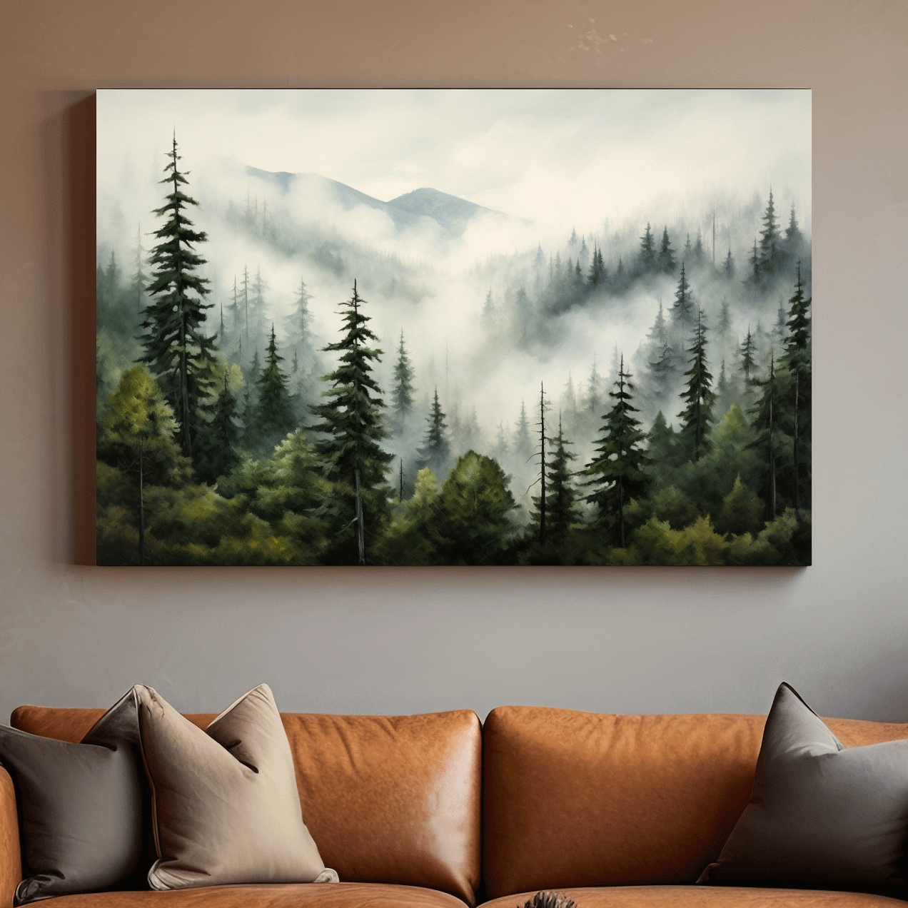 Foggy Alpine Mountain Forest Painting - Moody Watercolor Landscape Wall Art