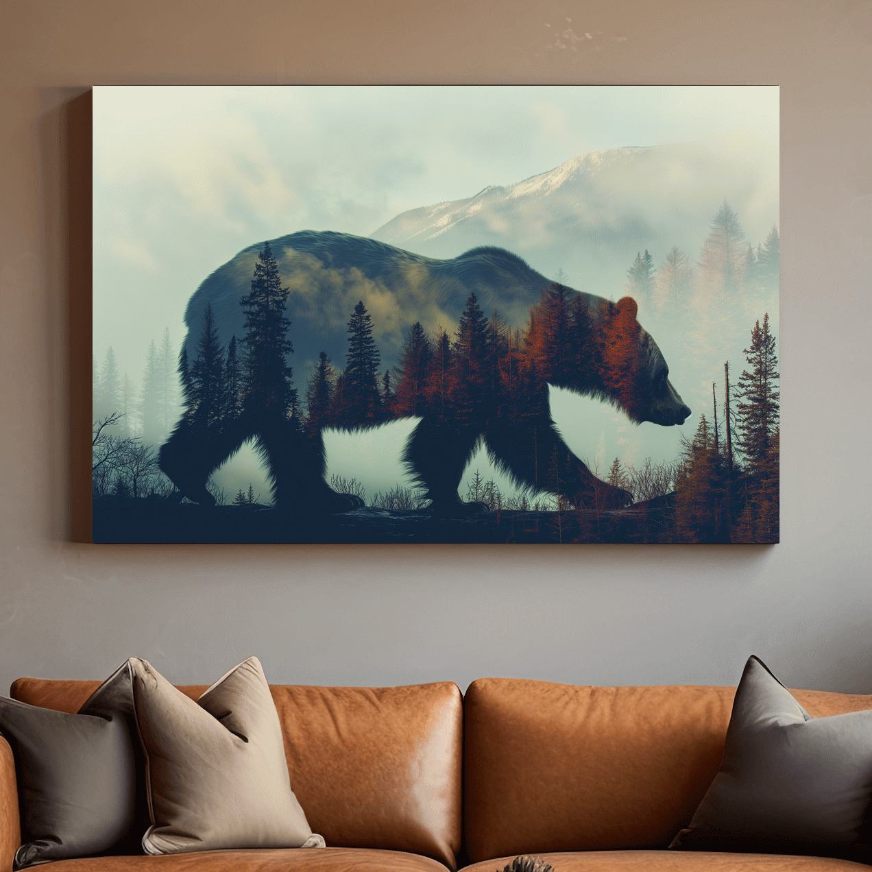 Moody Double Exposure Grizzly Bear Silhouette - Misty Pine Forest Mountain Wall Art