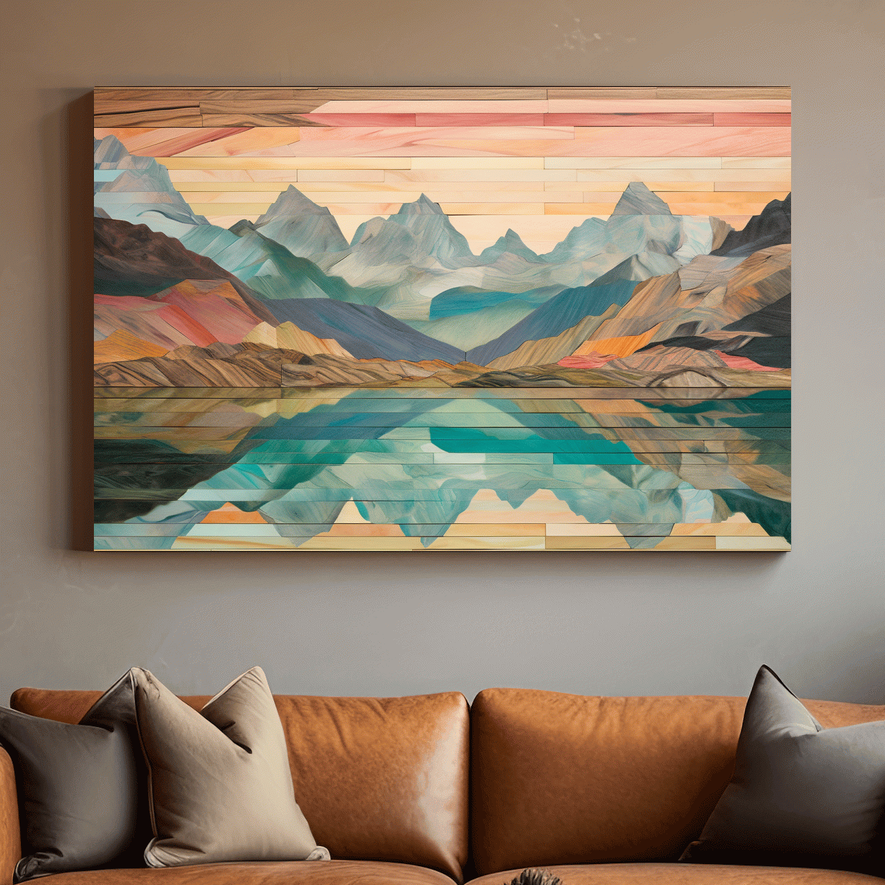 Alpine Lake Mountain Reflection - Layered Wooden Style Landscape Wall Art