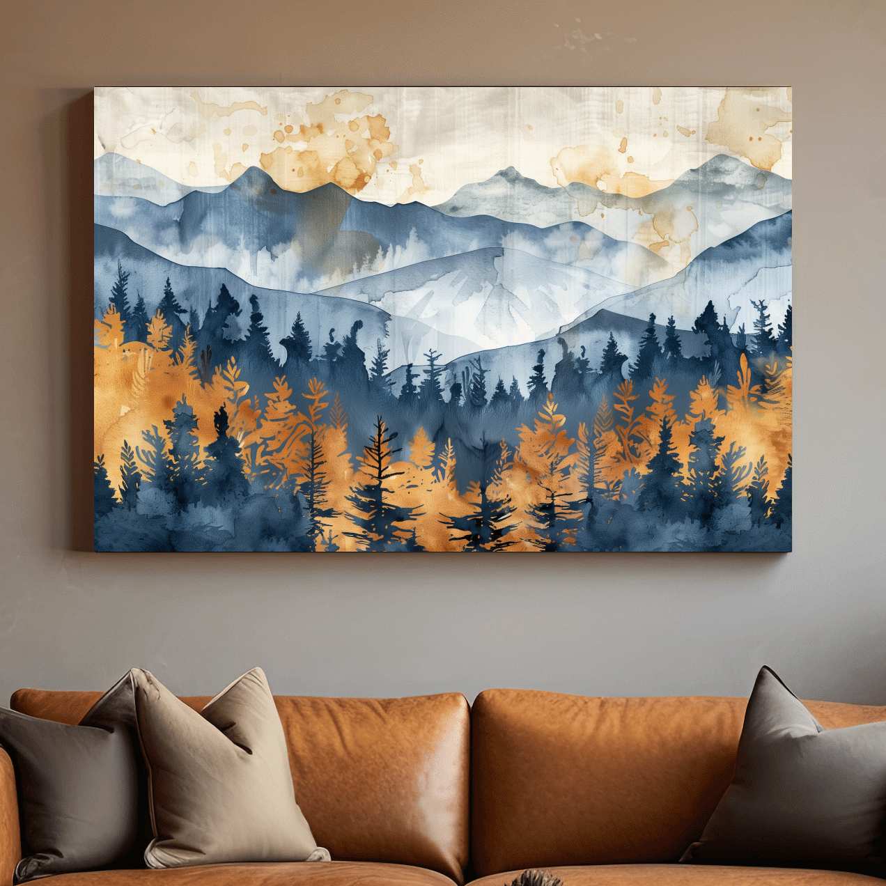 Watercolor Mountain Forest Landscape - Abstract Golden Autumn Pines Wall Art