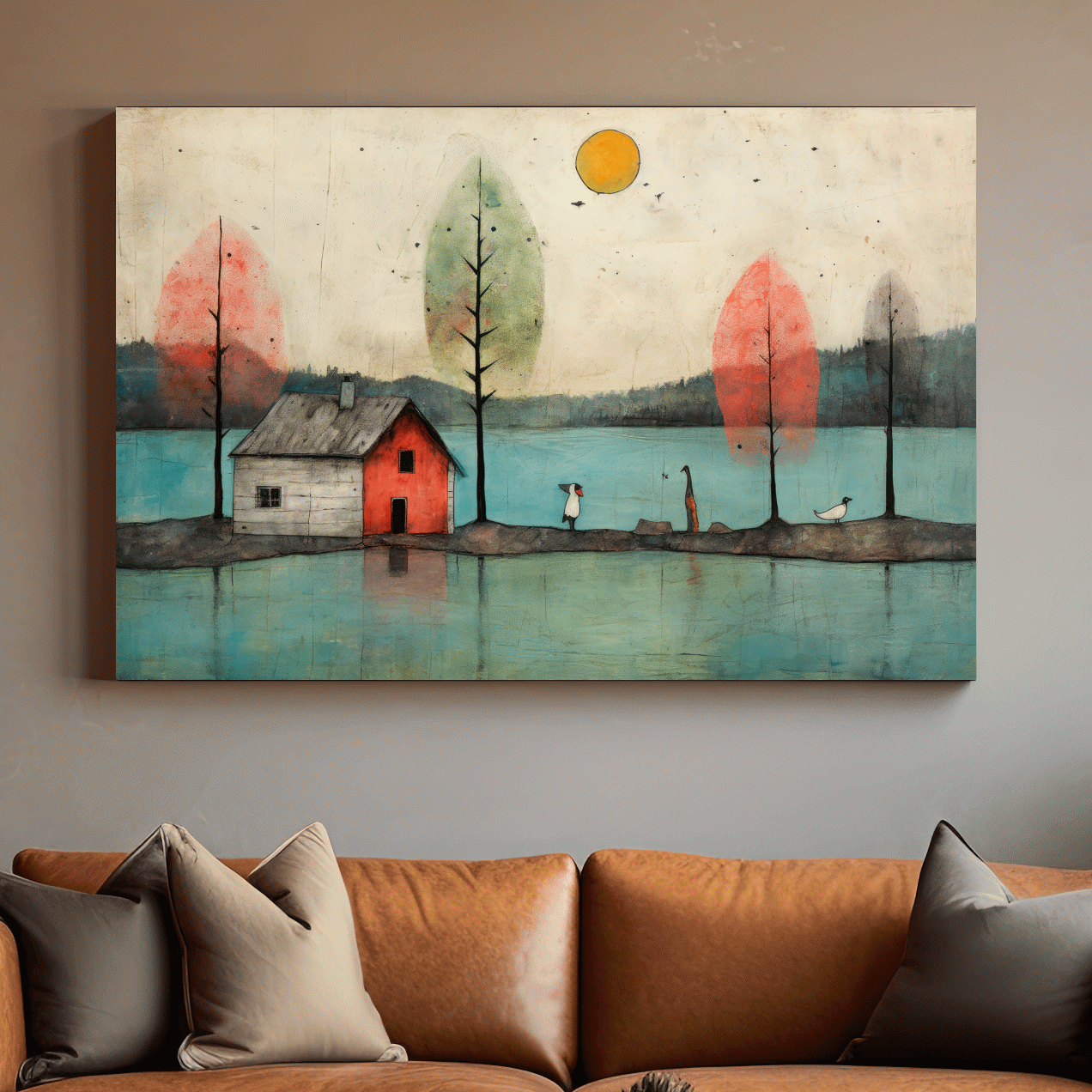 Whimsical Lakeside Cabin Illustration - Rustic Folk Landscape Wall Art