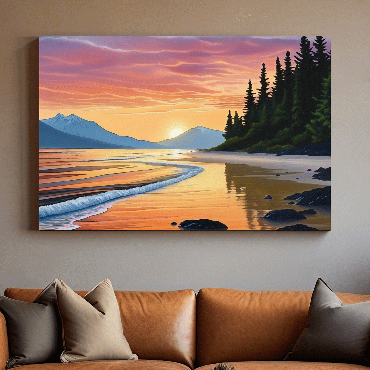 Pacific Northwest Coastal Sunset Beach Painting - Vibrant Pine Wall Art