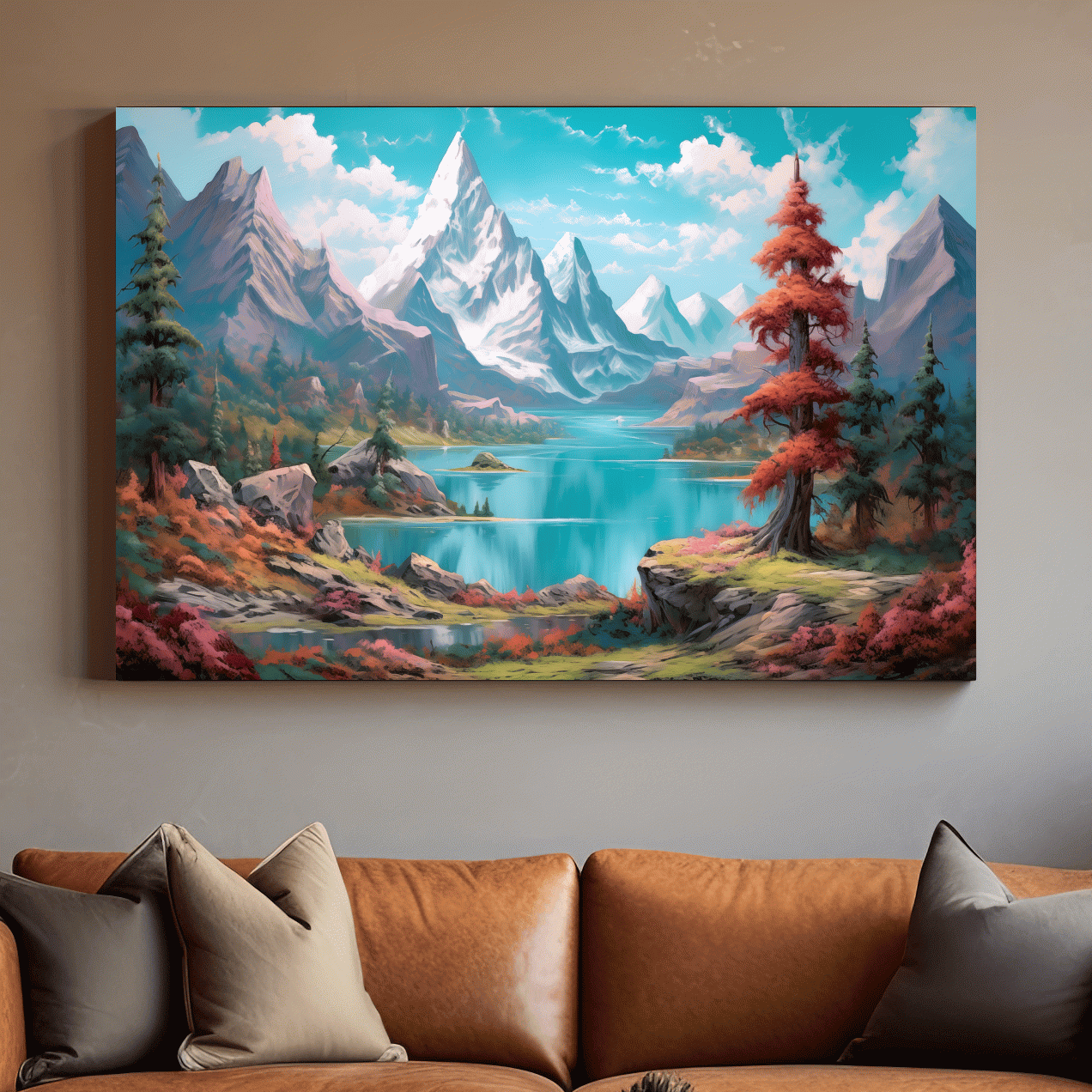 Vibrant Fantasy Alpine Lake Mountains - Surreal Colorful Artwork