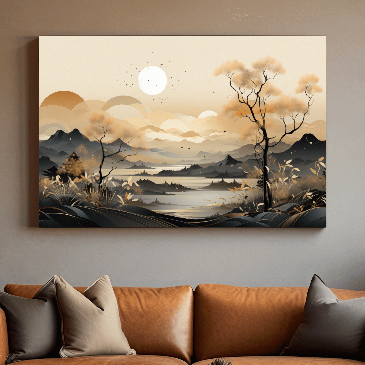 Japandi Misty Mountain Lake Landscape - Boho Wall Artwork