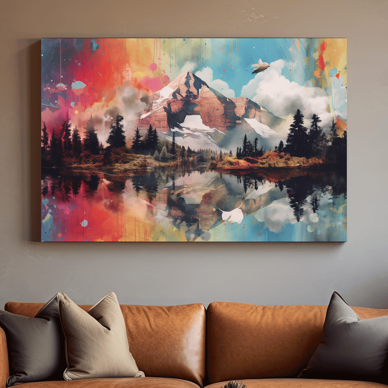 Vibrant Abstract Mountain Lake Painting - Colorful Landscape Wall Art