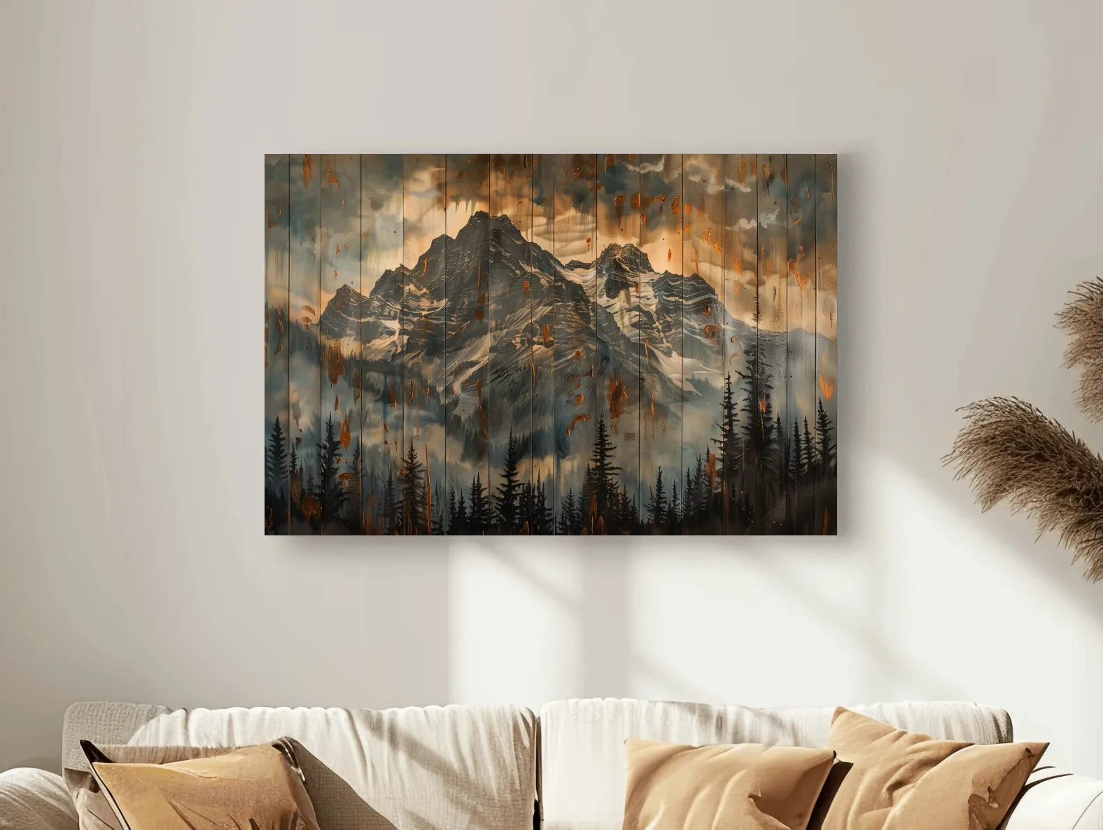 Rustic Mountain Range Painting - Alpine Forest Wood Panel Wall Art