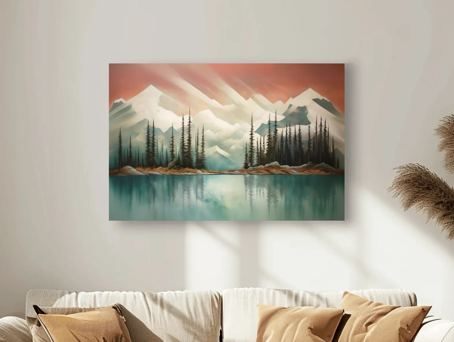Abstract Alpine Lake Landscape Painting - Serene Pine Forest Mountain Wall Art