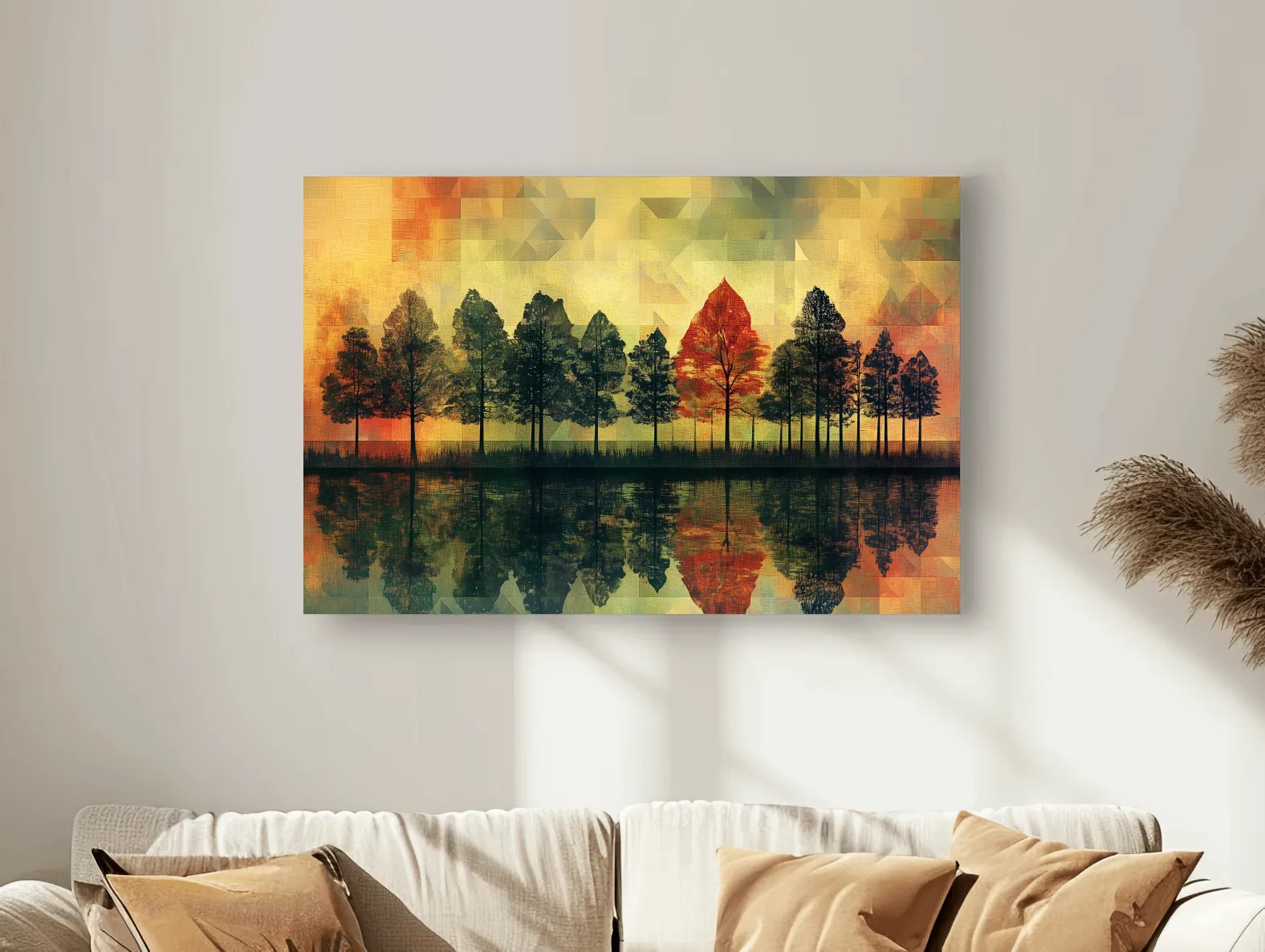 Abstract Geometric Autumn Forest Reflection - Modern Mosaic Landscape Artwork