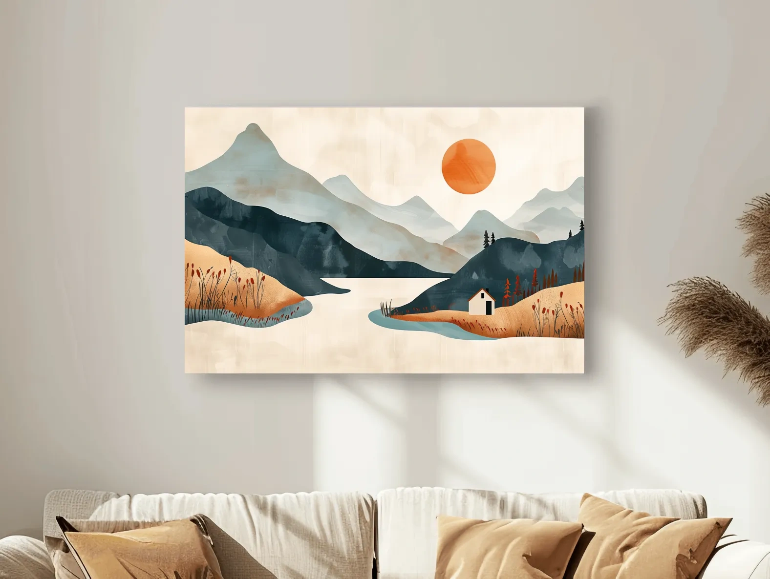 Minimalist Mountain Sunset Lake Cabin Illustration - Modern Scandinavian Wall Art