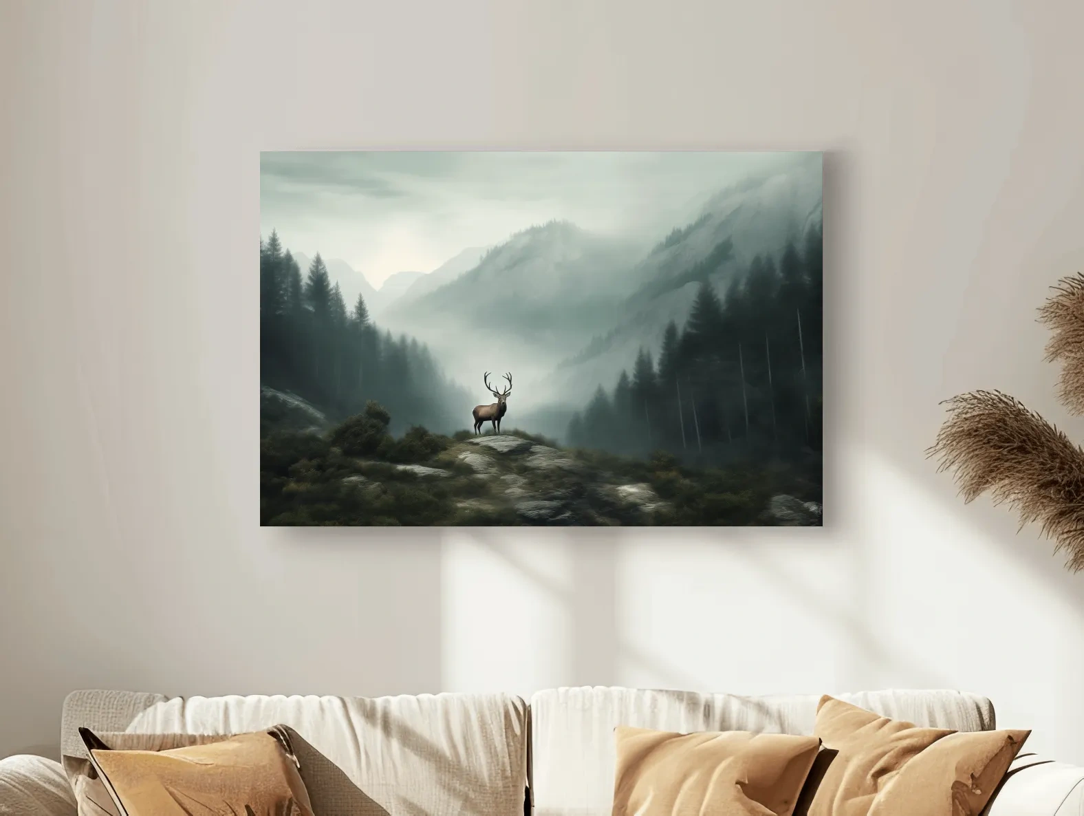 Moody Misty Mountain Deer Landscape - Atmospheric Forest Wildlife Wall Art