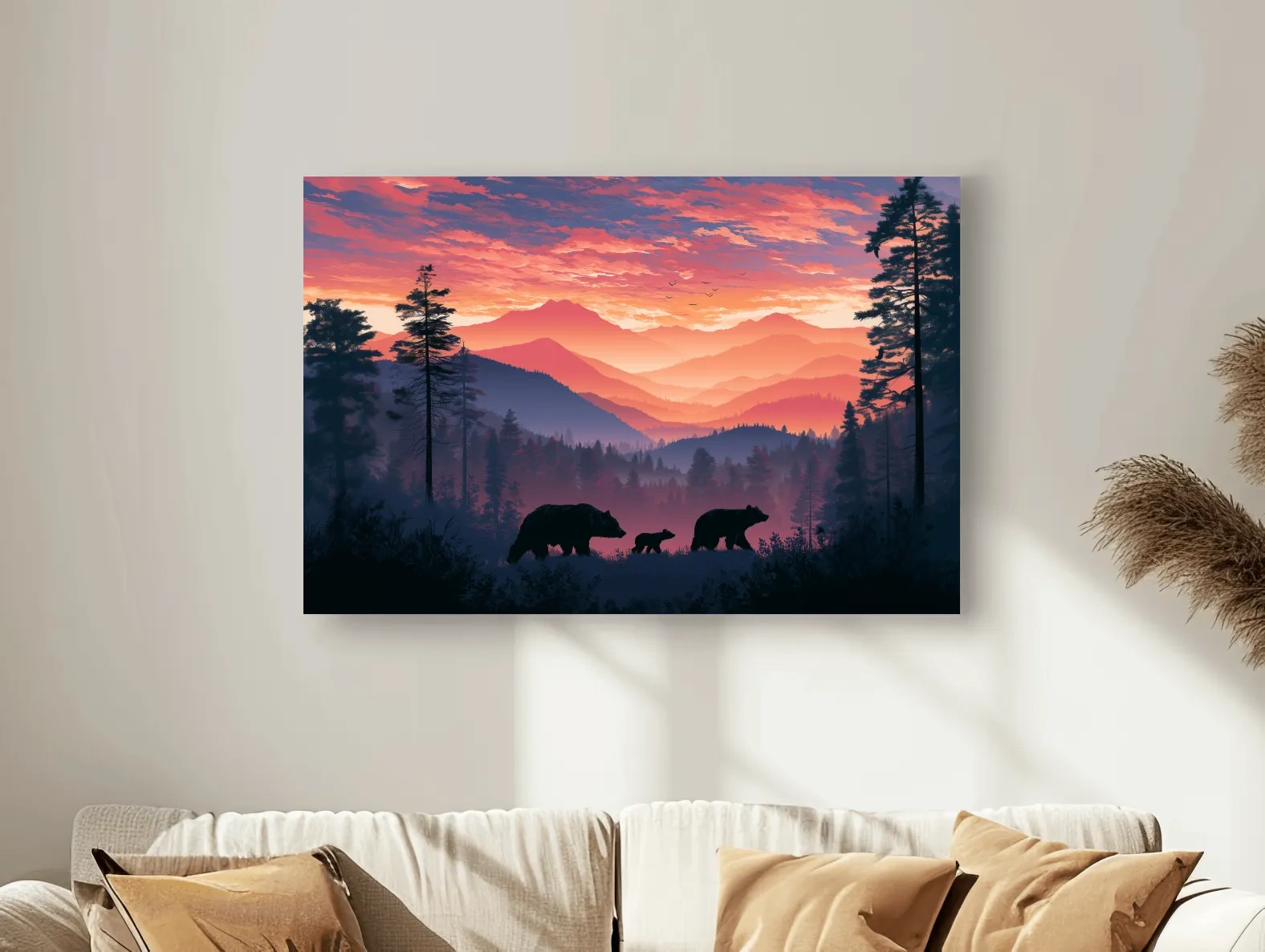 Moody Sunset Mountain Bear Family Silhouettes - Wildlife Wall Art
