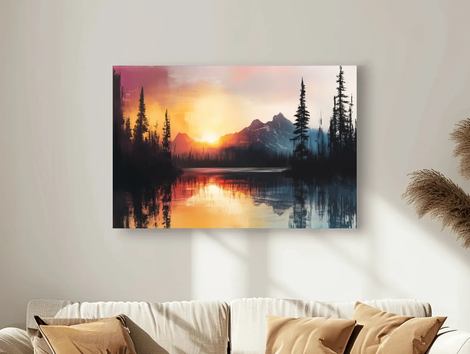 Sunset Mountain Lake Reflection Painting - Dramatic Pine Forest Landscape Wall Art