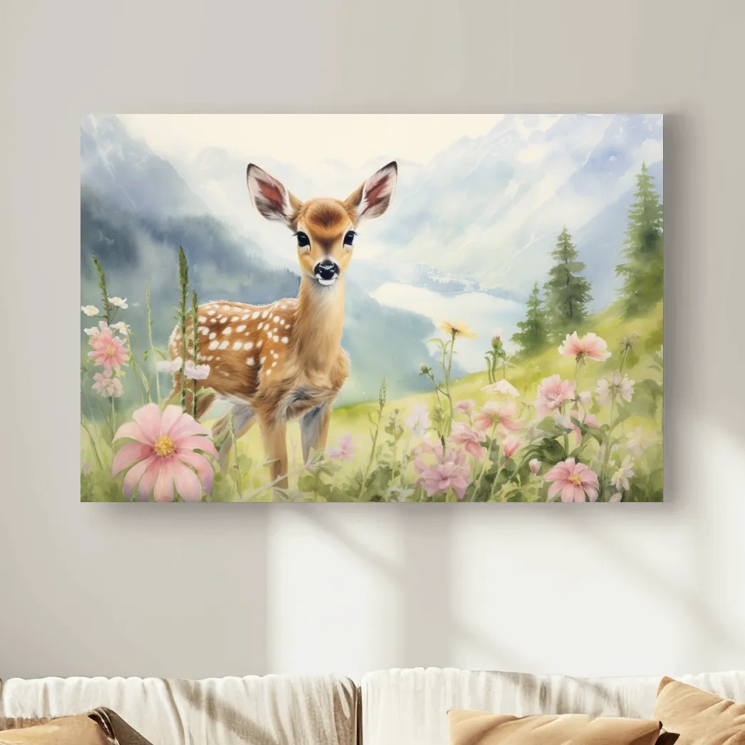 Watercolor Fawn In Wildflowers - Pastel Alpine Meadow Nursery Wall Art