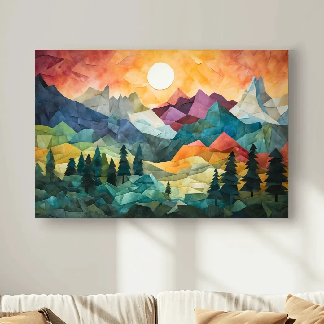 Abstract Alpine Mountain Sunset Artwork - Vibrant Patchwork Mosaic Wall Art