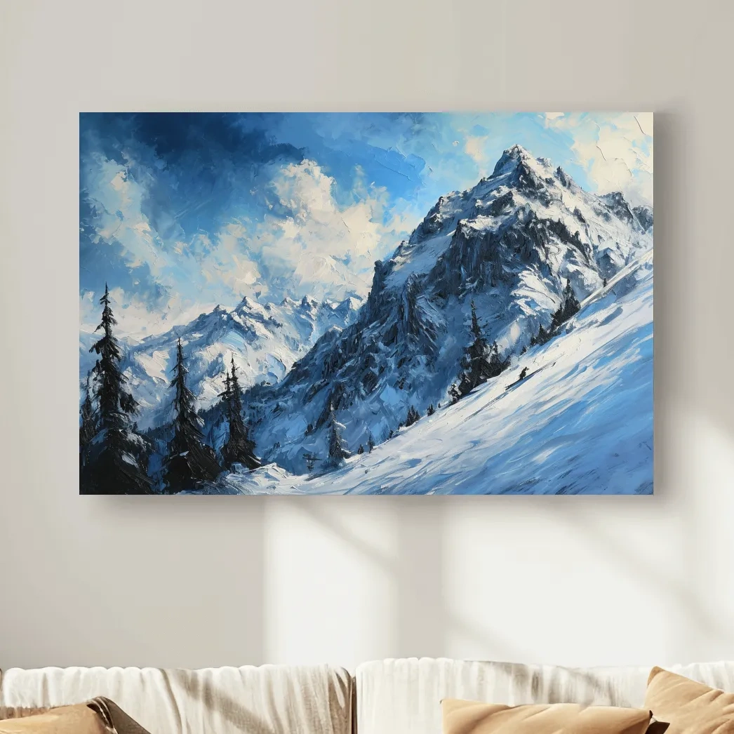 Alpine Snowy Peak Oil Painting - Moody Mountain Landscape Wall Art