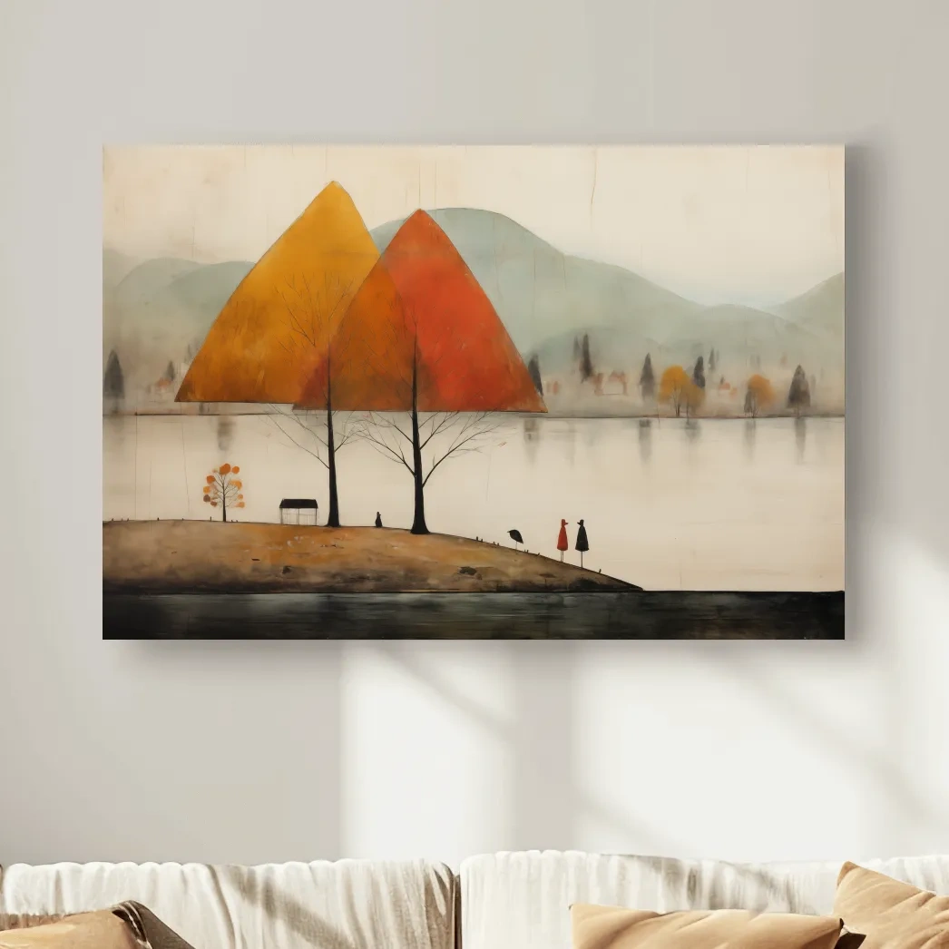 Autumn Mountains Over Misty Lakeside - Quirky Landscape Artwork