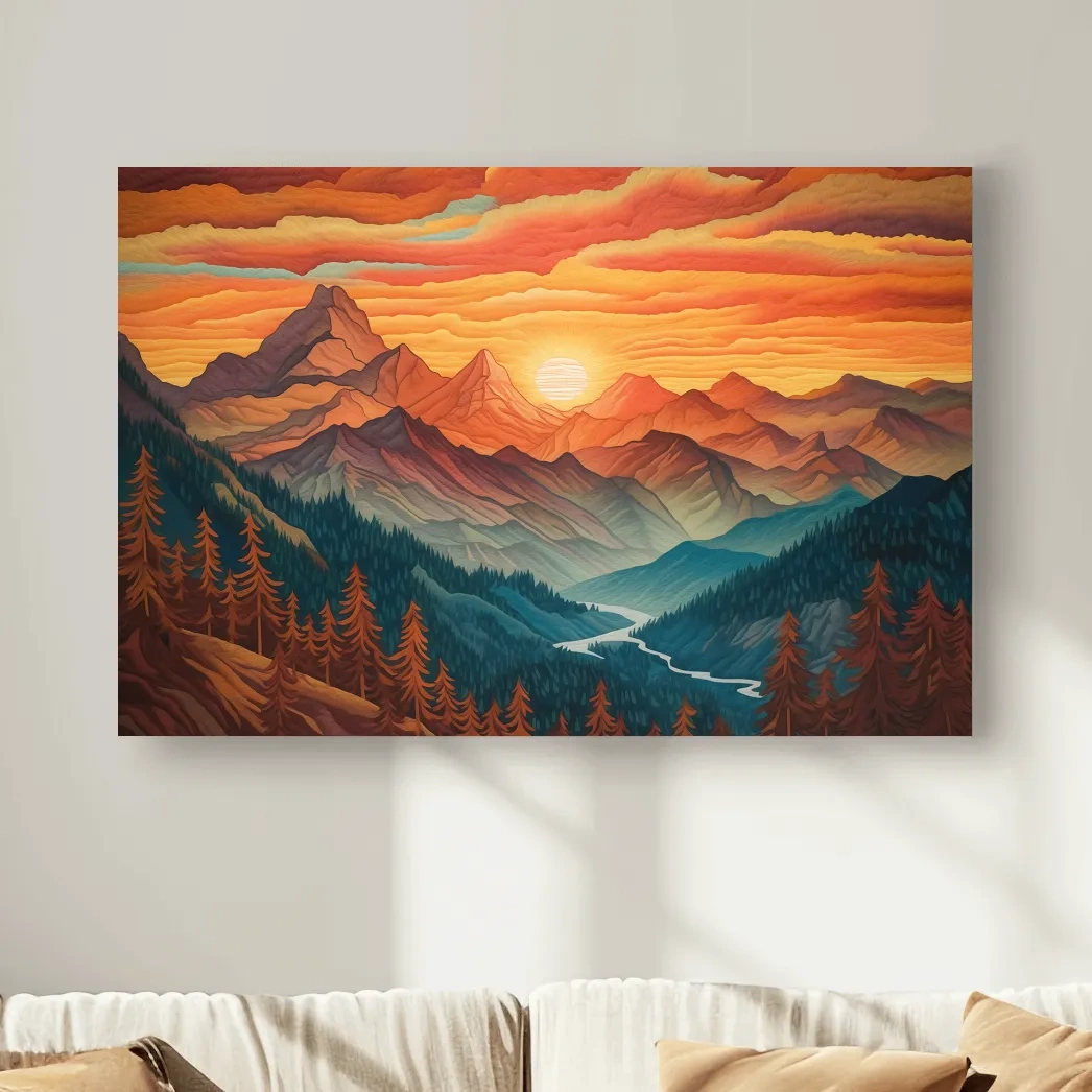 Vibrant Sunset Mountain Range Illustration - Layered Alpine Landscape Wall Art