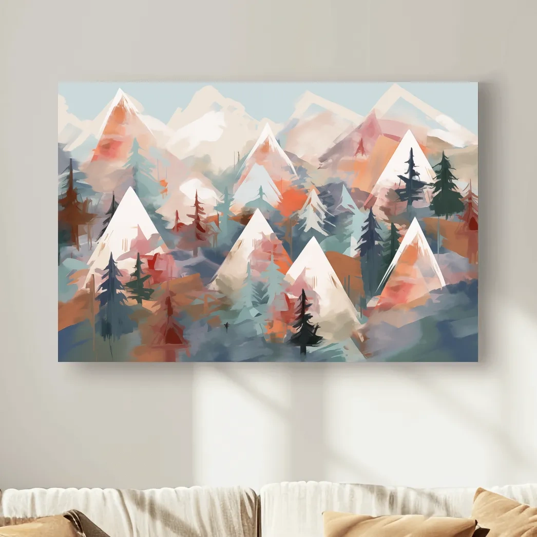 Abstract Alpine Peaks And Pine Forest - Pastel Watercolor Mountain Landscape Wall Art