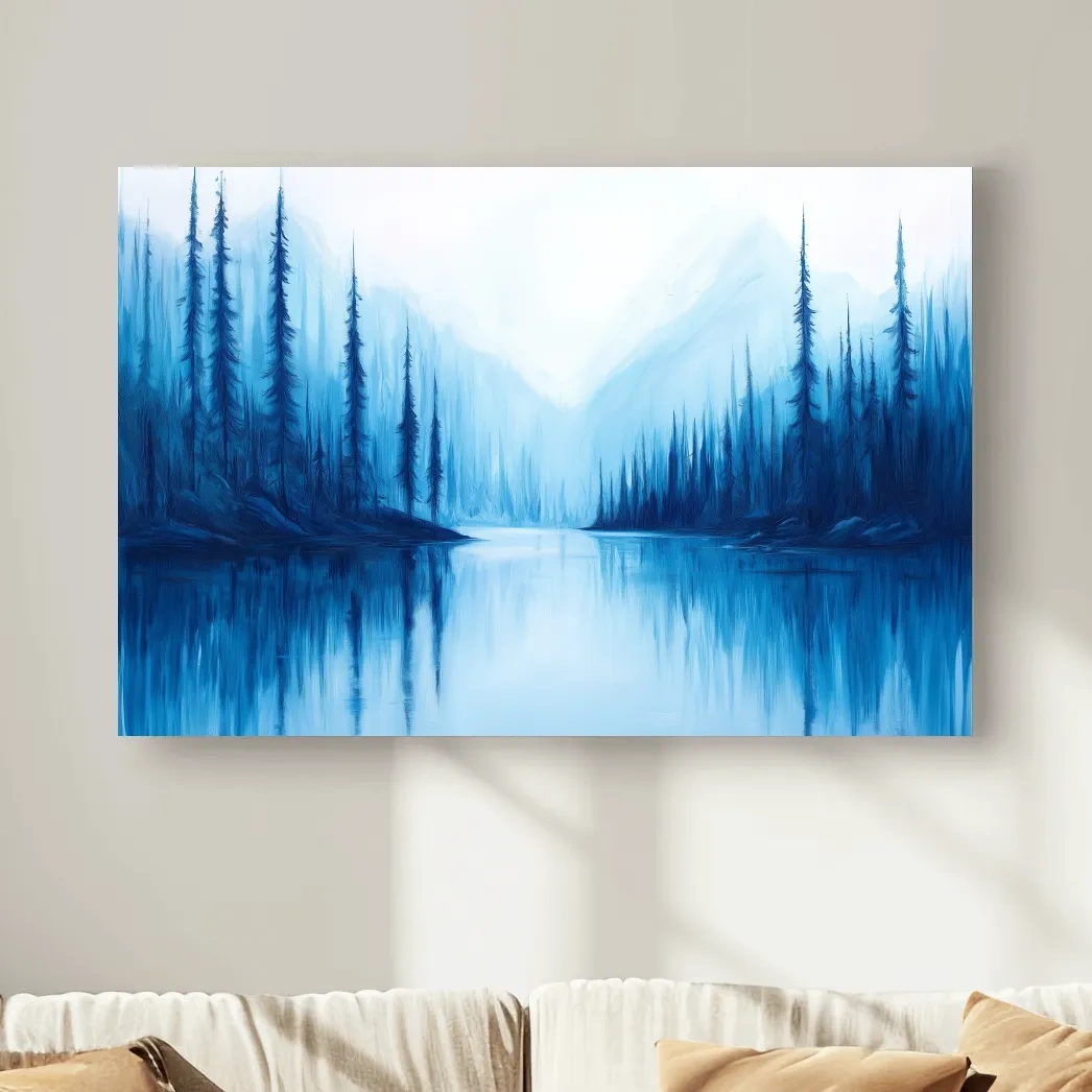 Misty Blue Alpine Lake & Pine Forest - Impressionist Landscape Painting Artwork
