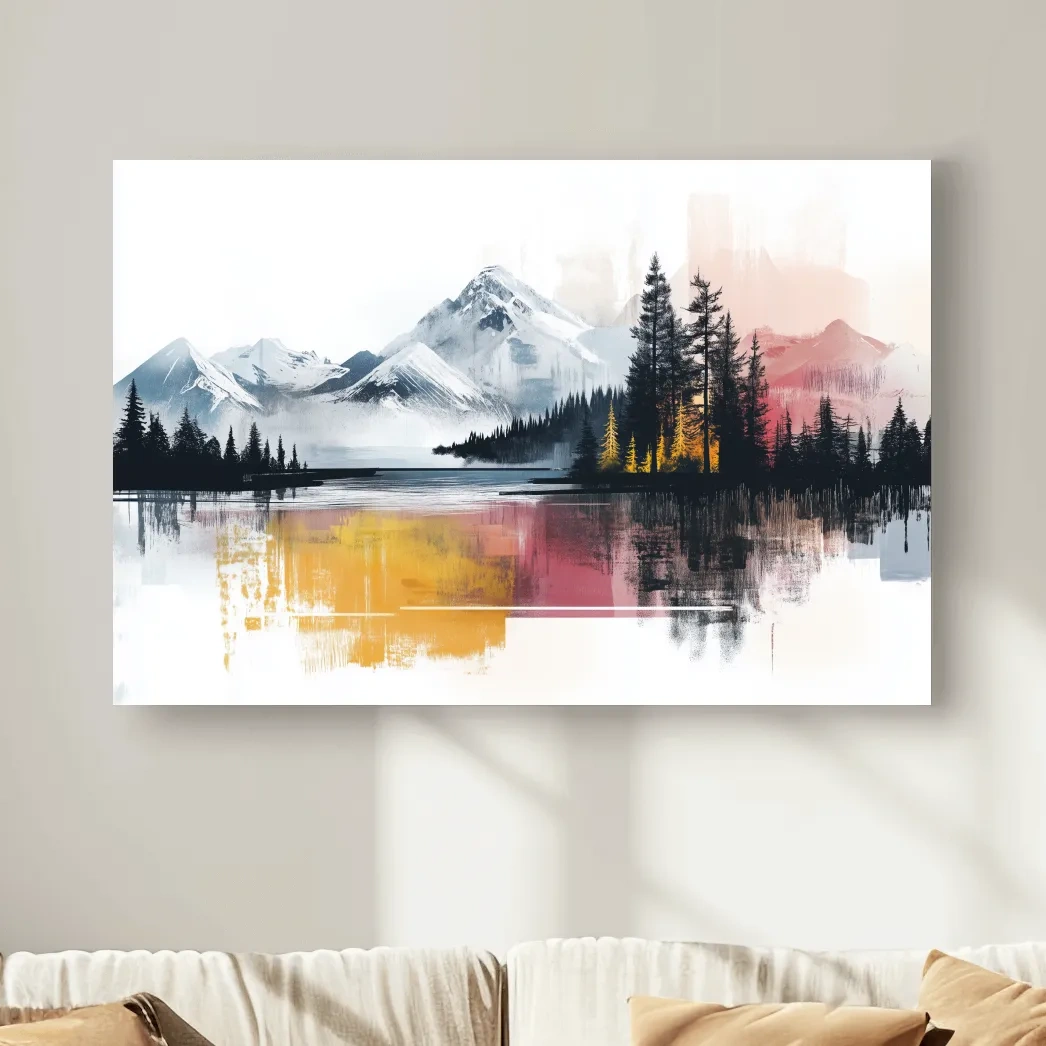 Abstract Misty Mountain Lake Painting - Modern Watercolor Pine Forest Art