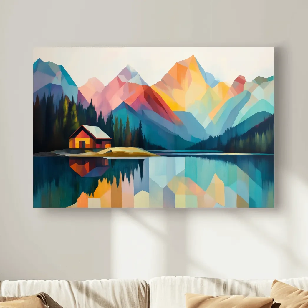 Vibrant Geometric Mountain Lake Cabin - Modern Abstract Landscape Wall Art