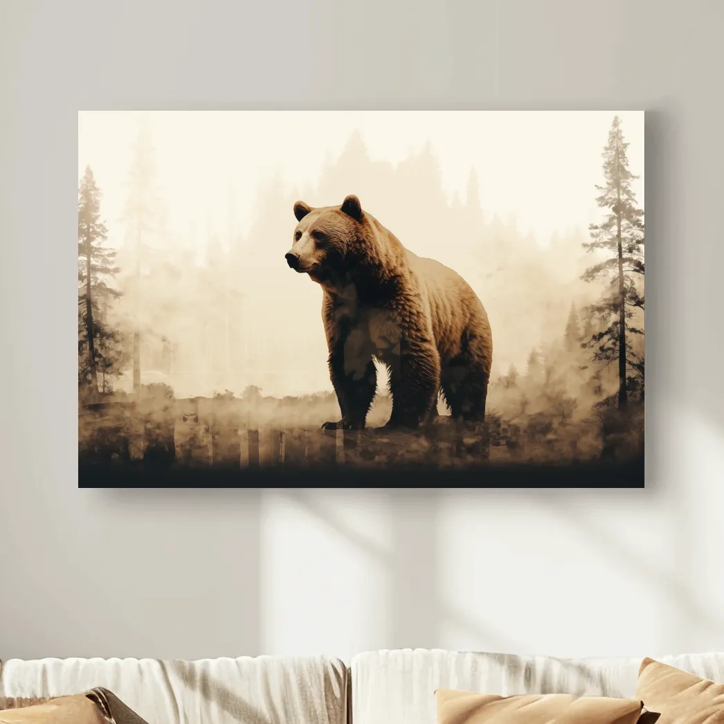 Grizzly Bear Double Exposure Forest - Rustic Wildlife Nature Wall Art