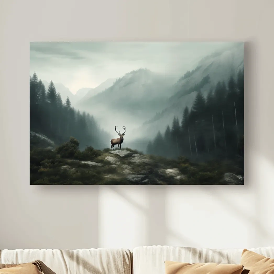 Moody Misty Mountain Deer Landscape - Atmospheric Forest Wildlife Wall Art