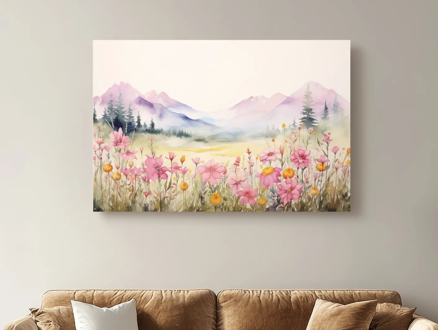 Pastel Wildflower Meadow Mountains Watercolor - Serene Alpine Wall Art