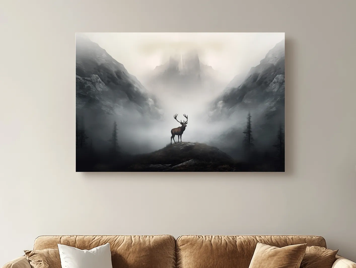 Moody Misty Mountain Stag Silhouette - Atmospheric Wildlife Landscape Art