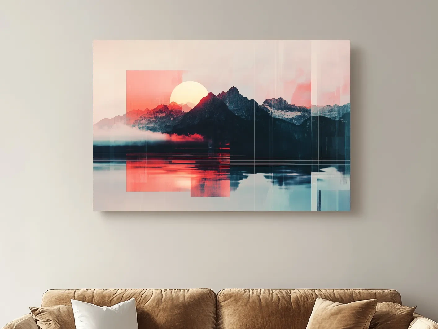 Abstract Alpine Mountain Sunset Reflection - Modern Geometric Glitch Wall Art