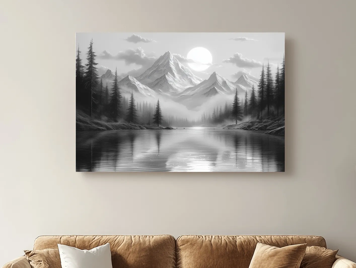 Monochrome Misty Alpine Lake Landscape - Mountain Forest Wall Art