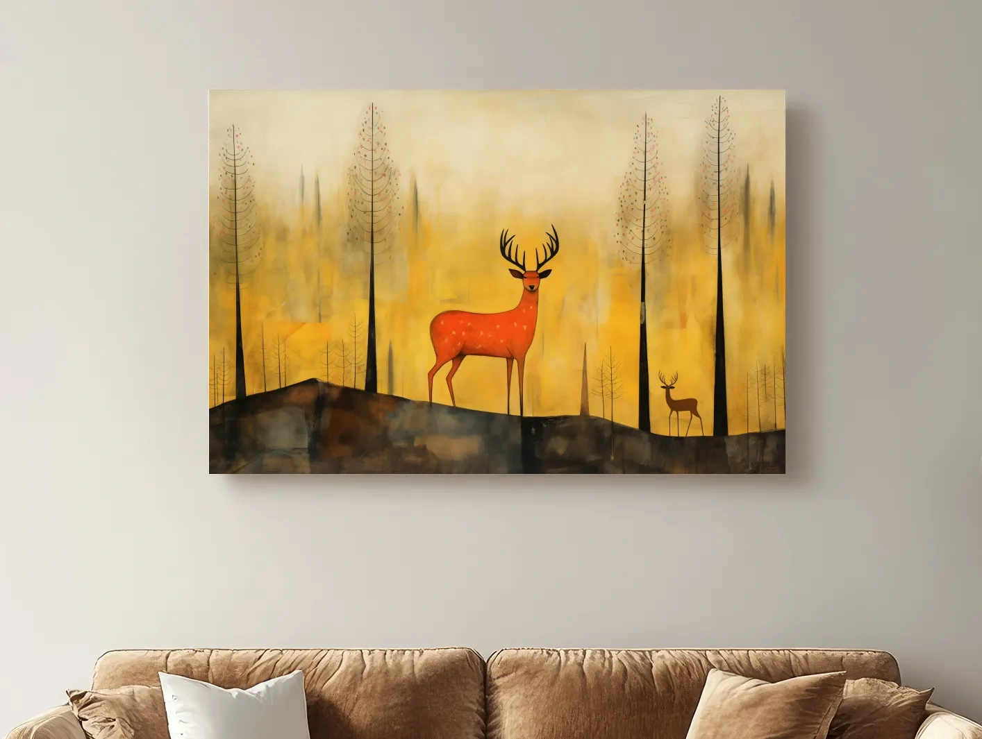 Whimsical Deer In Autumn Forest - Golden Woodland Landscape Wall Art