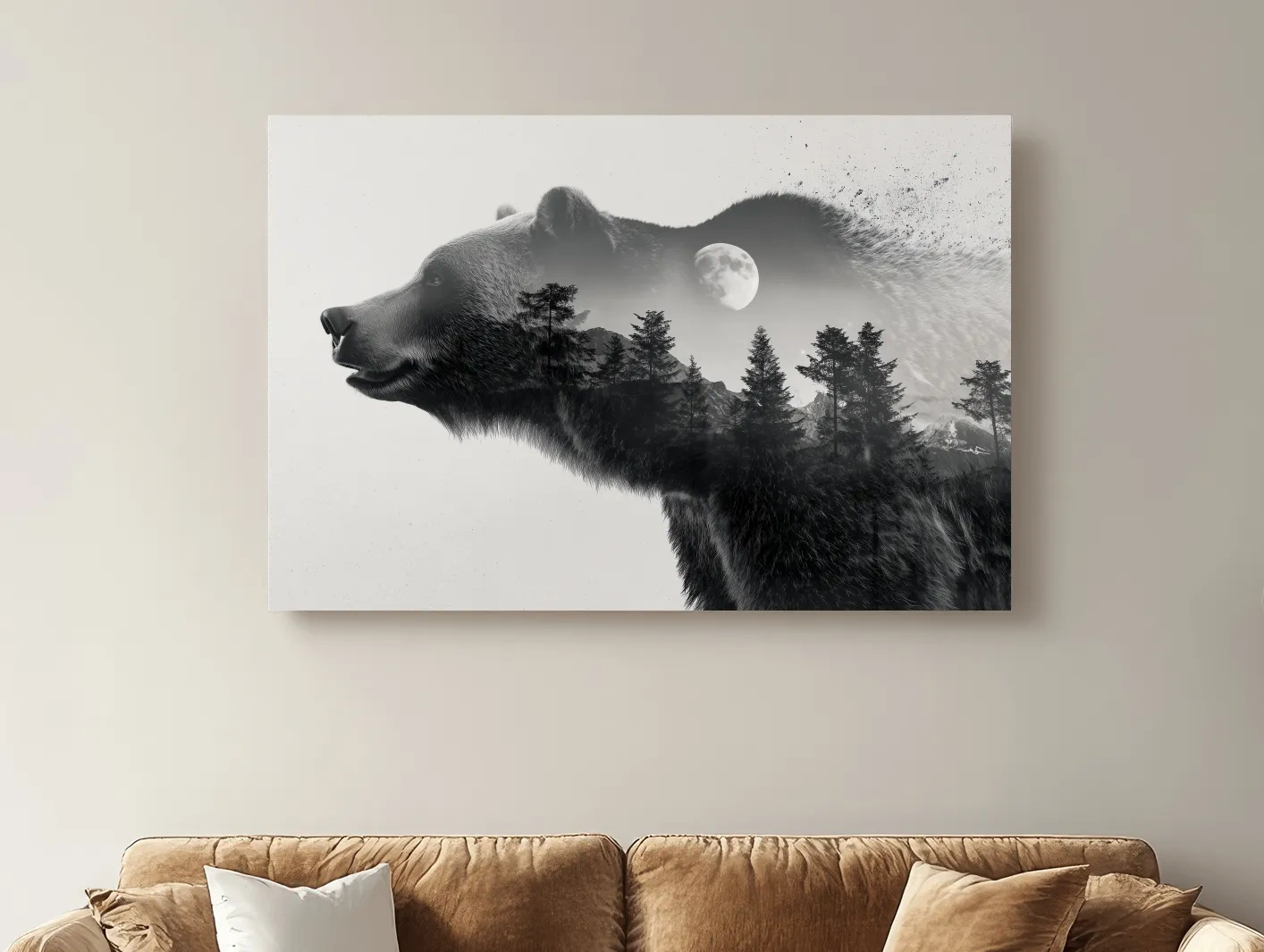 Black And White Grizzly Bear Double Exposure - Moonlit Pine Forest Mountain Wall Art