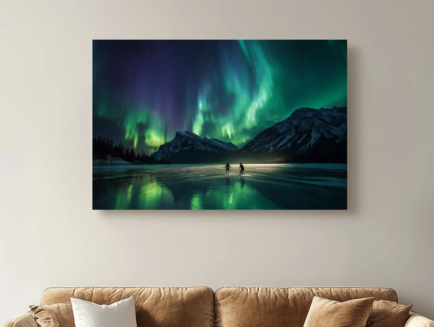 Ice Skaters Under Vibrant Northern Lights - Aurora Borealis Photographic Wall Art