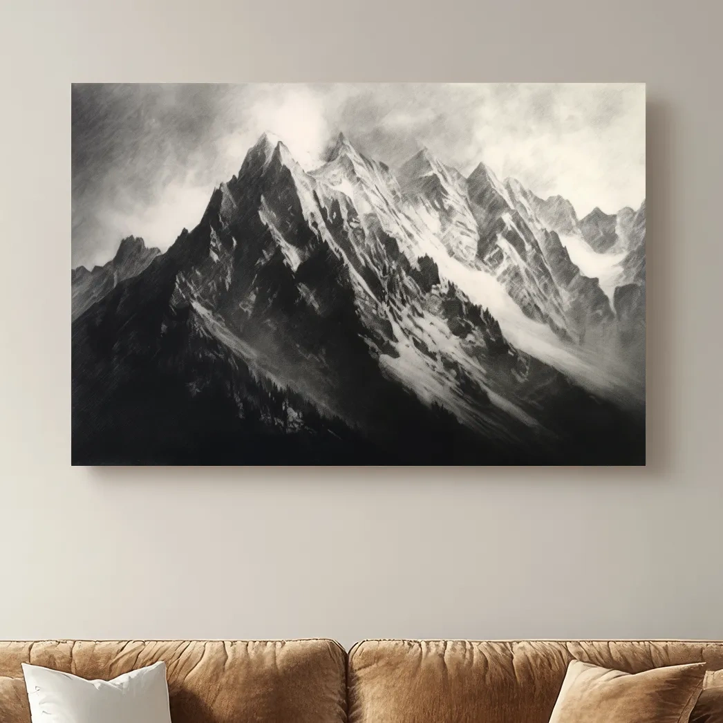 Moody Monochrome Snowy Mountain Peaks - Dramatic Charcoal Landscape Artwork